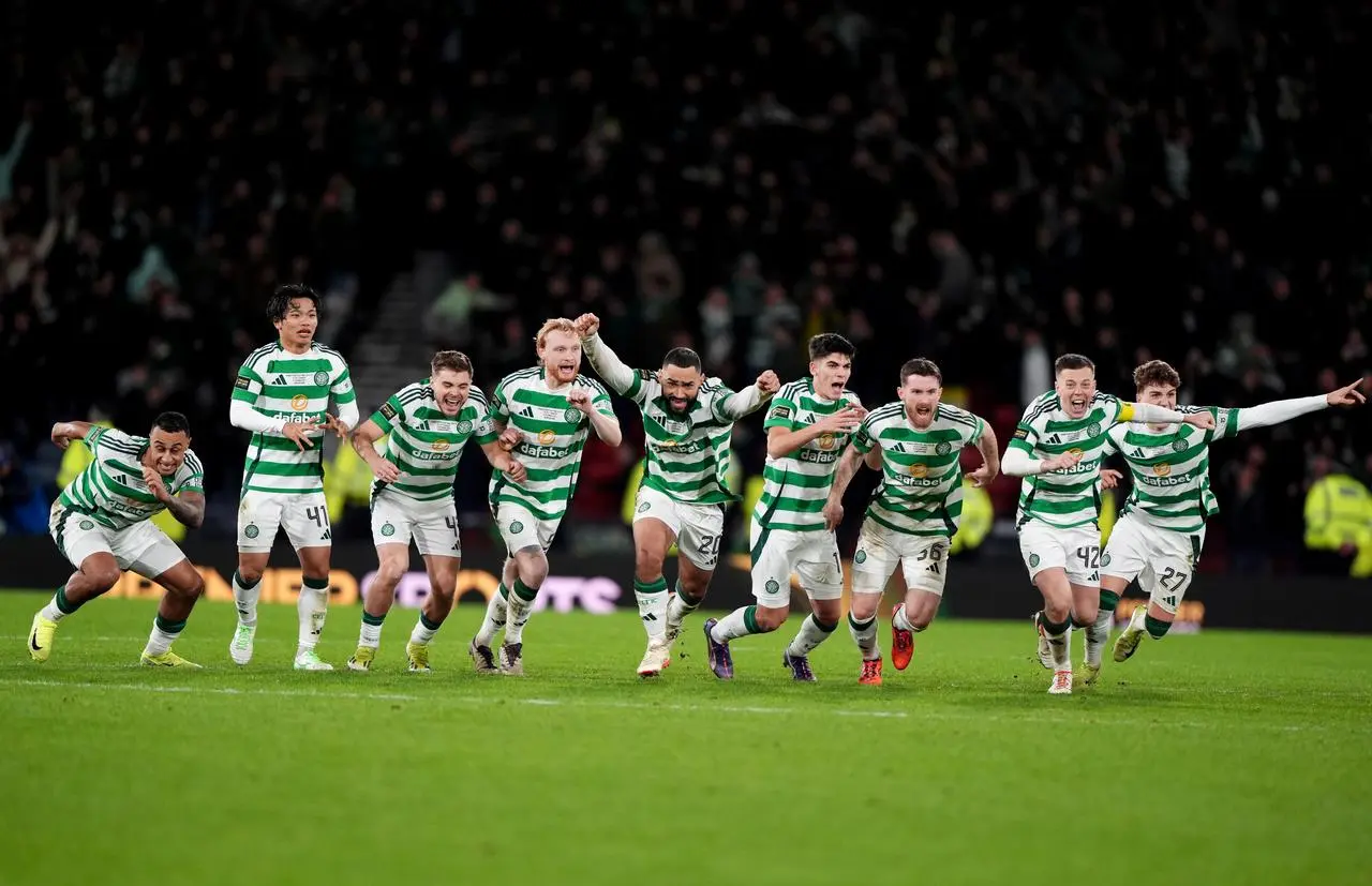 Celtic players celebrate following their penalty shootout success against Rangers last year