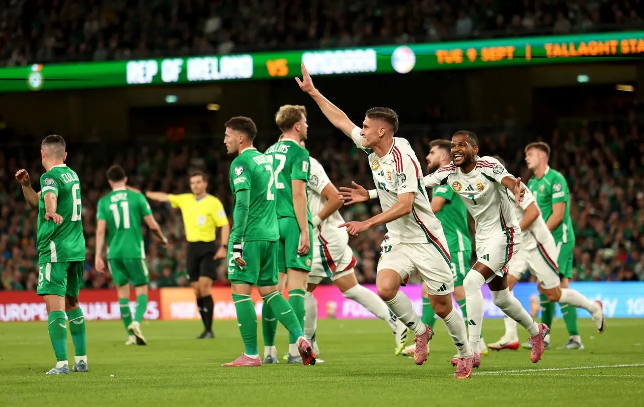 Roland Sallai celebrates after scoring Hungary's second goal at the Aviva Stadium
