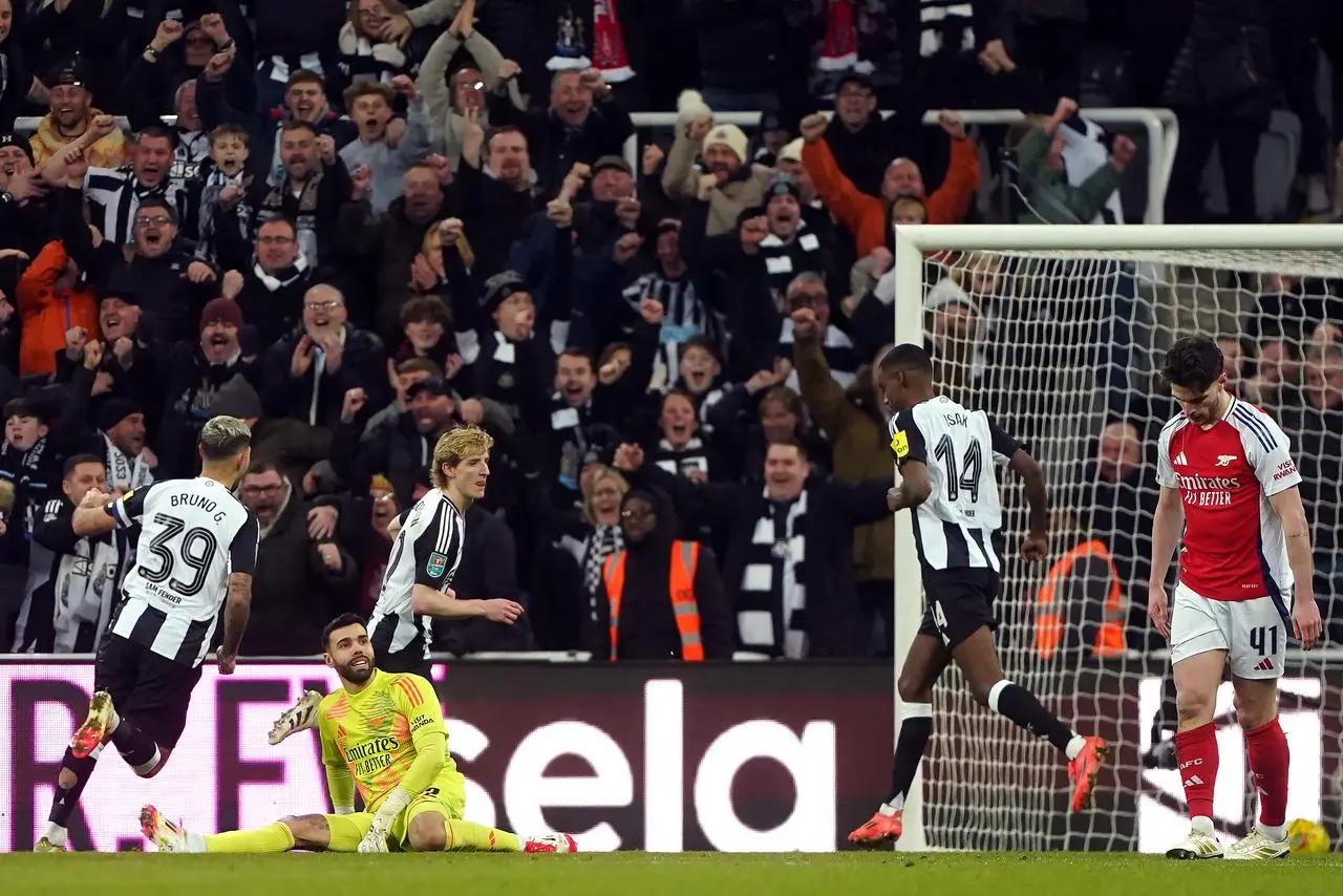 Newcastle’s Anthony Gordon celebrates the second goal in a 2-0 Carabao Cup semi-final, second leg win over Arsenal