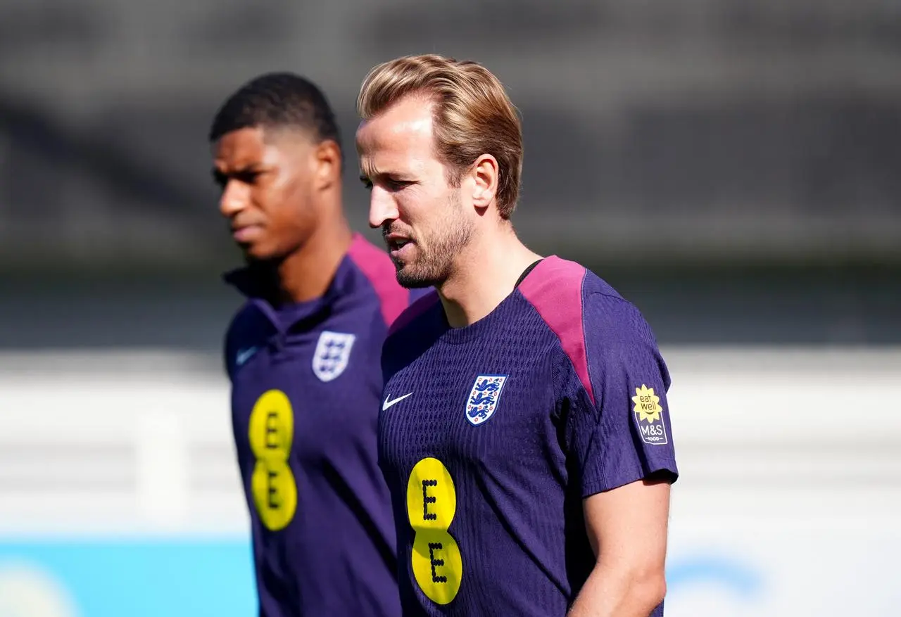 Harry Kane and Marcus Rashford during a training session at St George’s Park on Monday 