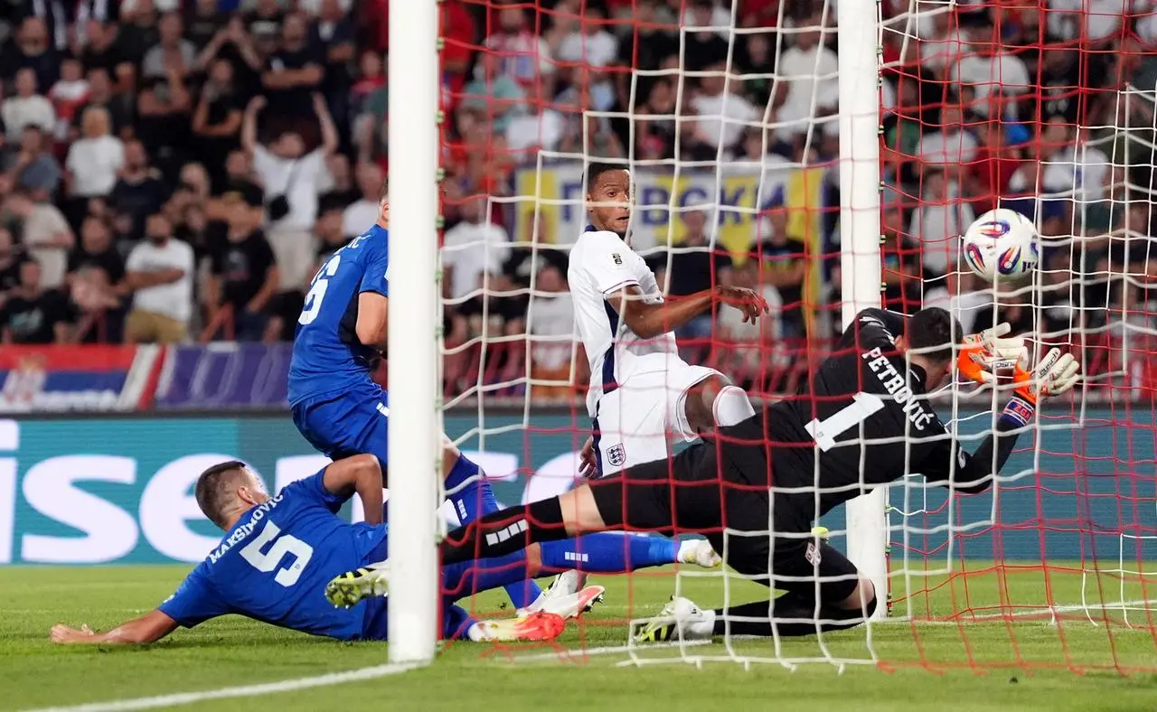 Ezri Konsa, rear, scores England’s third goal against Serbia