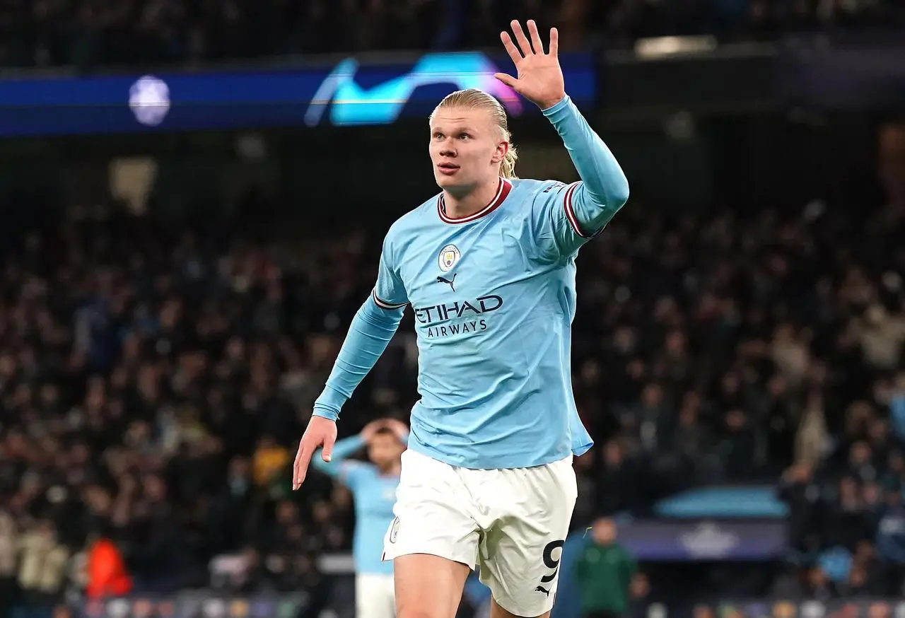 Manchester City’s Erling Haaland celebrates his fifth goal against RB Leipzig in 2023