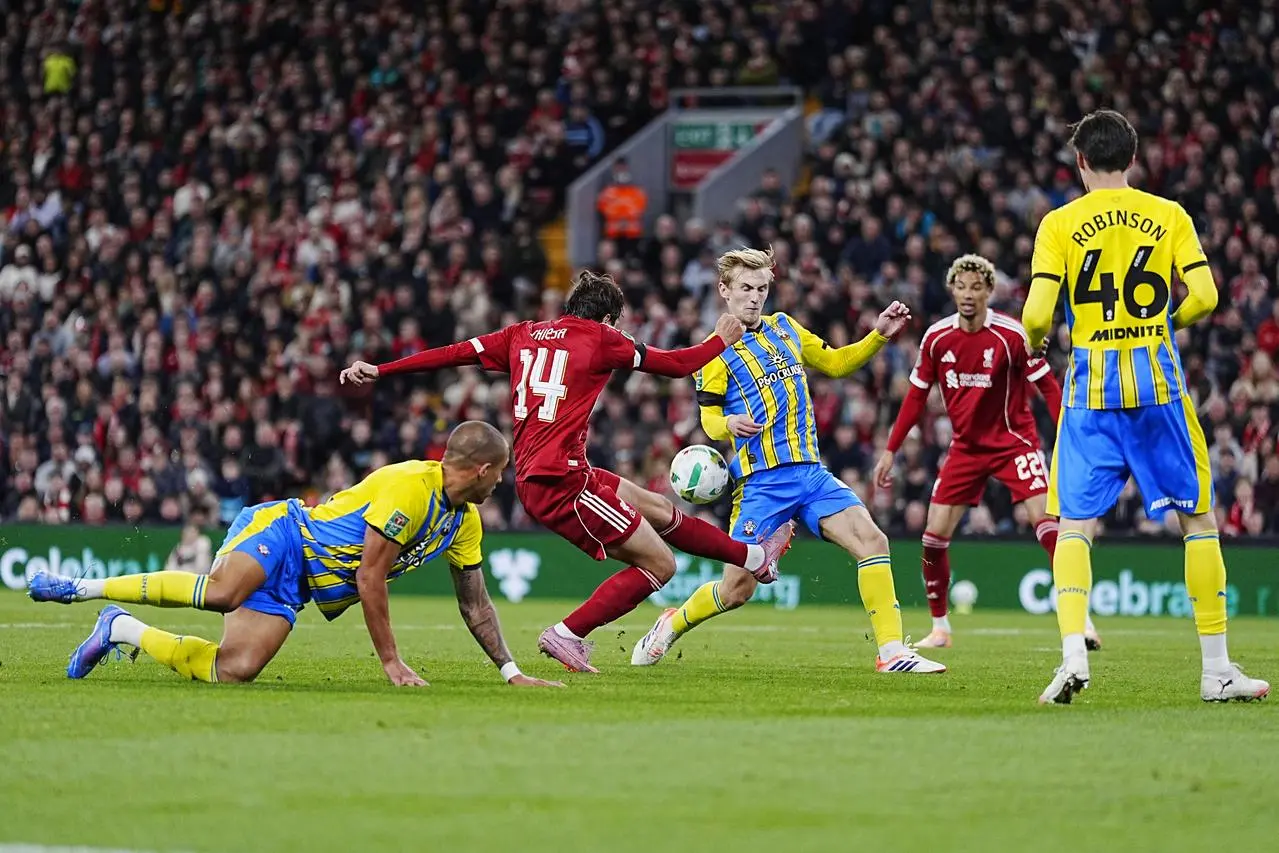 Liverpool’s Federico Chiesa has a shot against Southampton