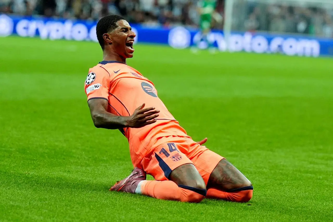 Barcelona’s Marcus Rashford celebrates scoring against Newcastle in the Champions League at St. James’ Park