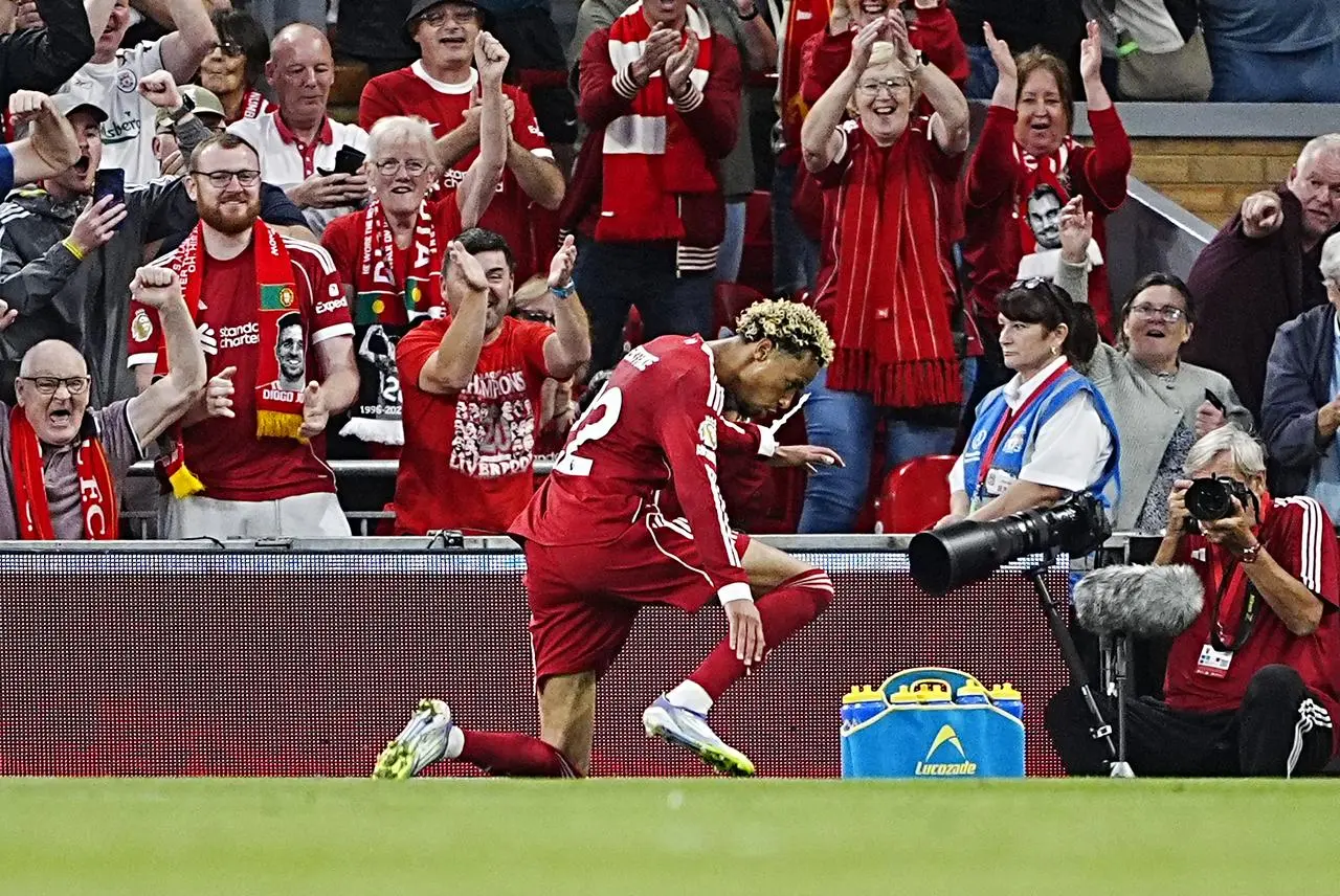 Liverpool’s Hugo Ekitike celebrates scoring their side’s first goal of the game during the Premier League match at Anfield against Bournemouth