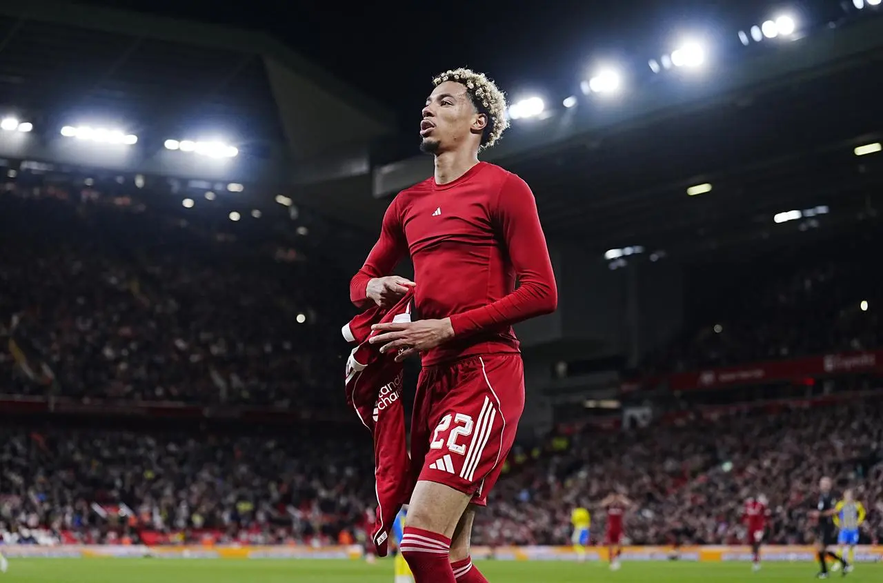 Ekitike removes his shirt in celebration after scoring Liverpool's winner against Southampton