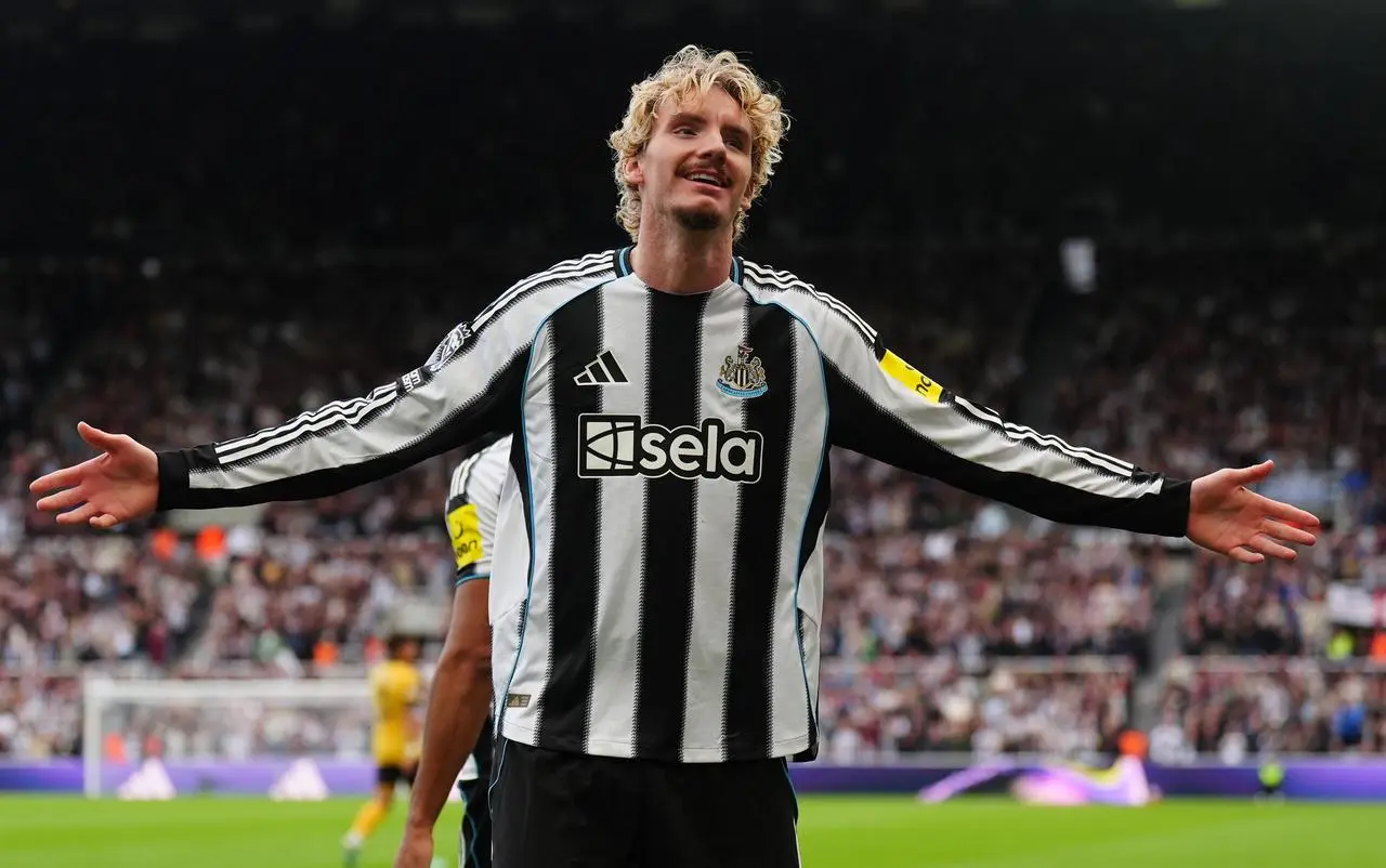 Newcastle’s Nick Woltemade celebrates after scoring on his Premier League debut against Wolves