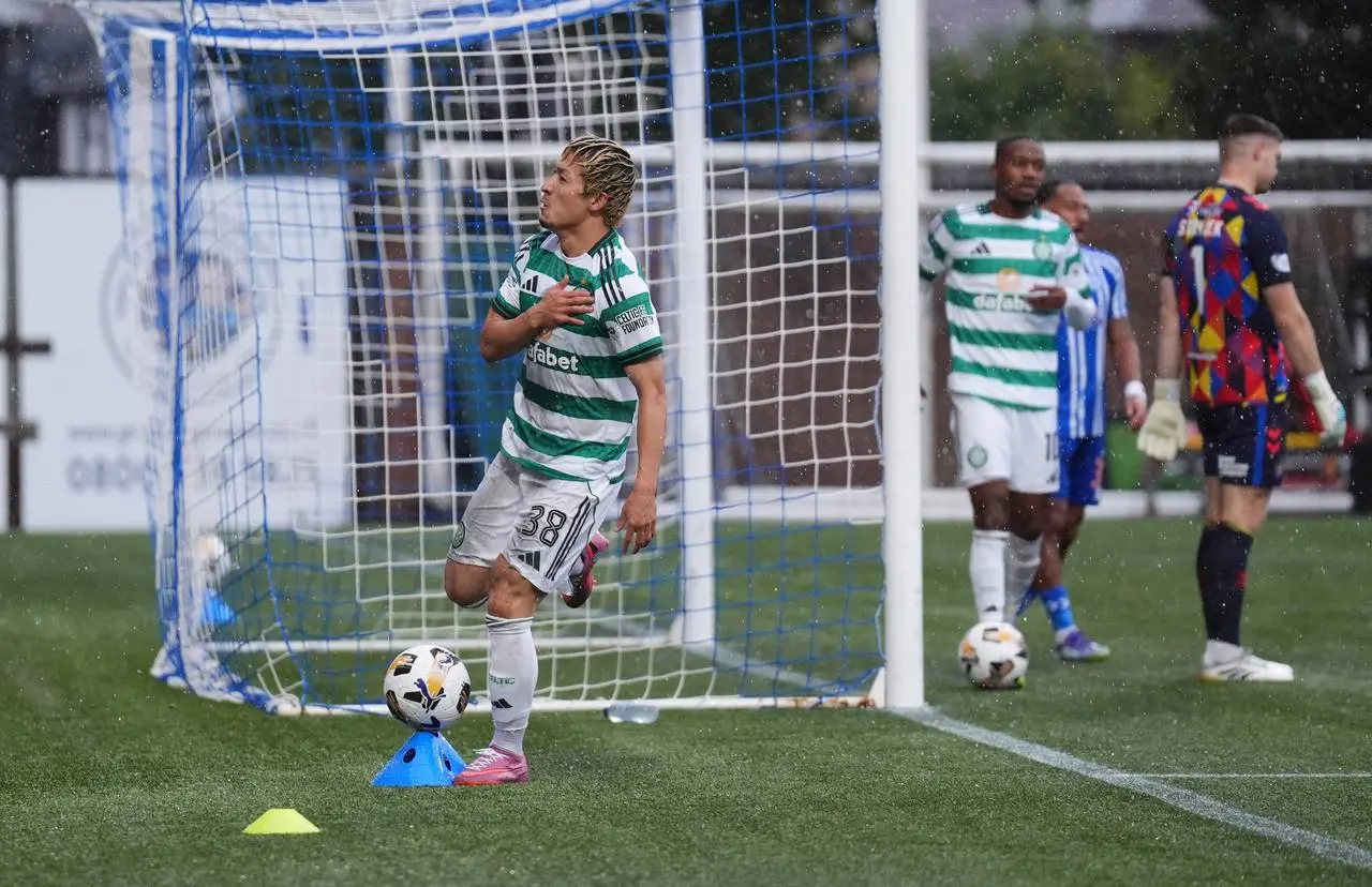Daizen Maeda celebrates after scoring Celtic’s first goal