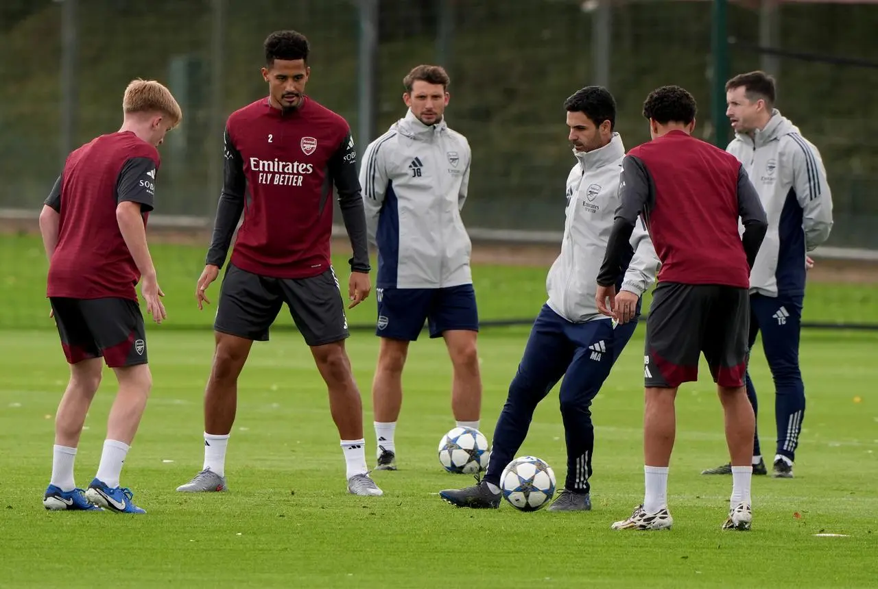 William Saliba, second left, in training with Arsenal on Monday 