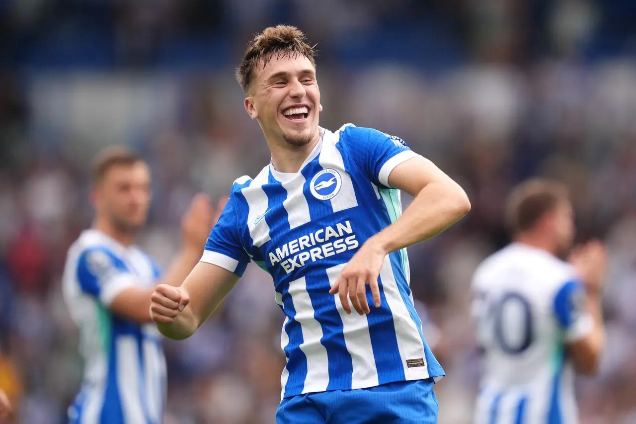 Brighton midfielder Brajan Gruda celebrates victory over Manchester City