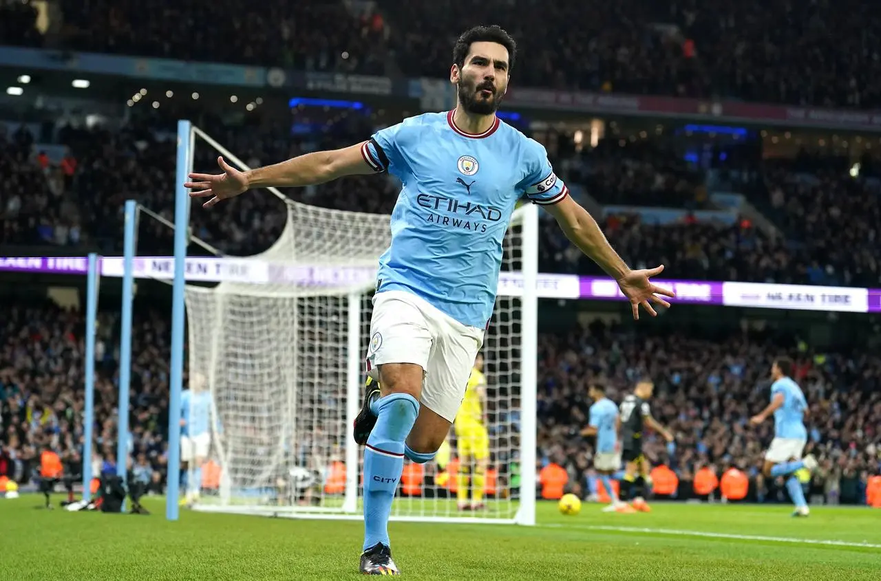 Manchester City’s Ilkay Gundogan celebrates scoring at the Etihad Stadium