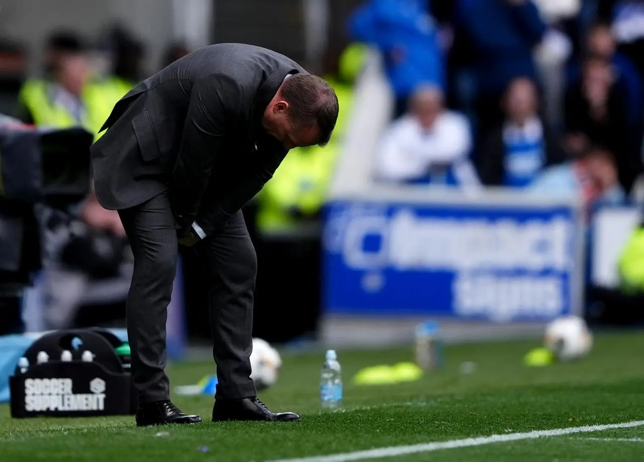 Brendan Rodgers doubles over in frustration at Ibrox on Sunday
