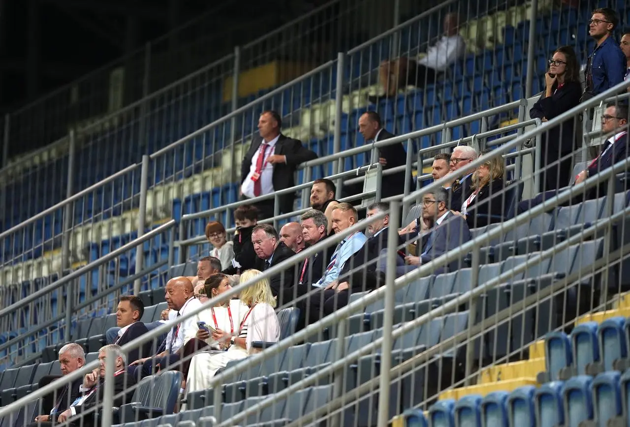 Spectators in the stands at the ZTE Arena in Zalaegerszeg, Hungary 