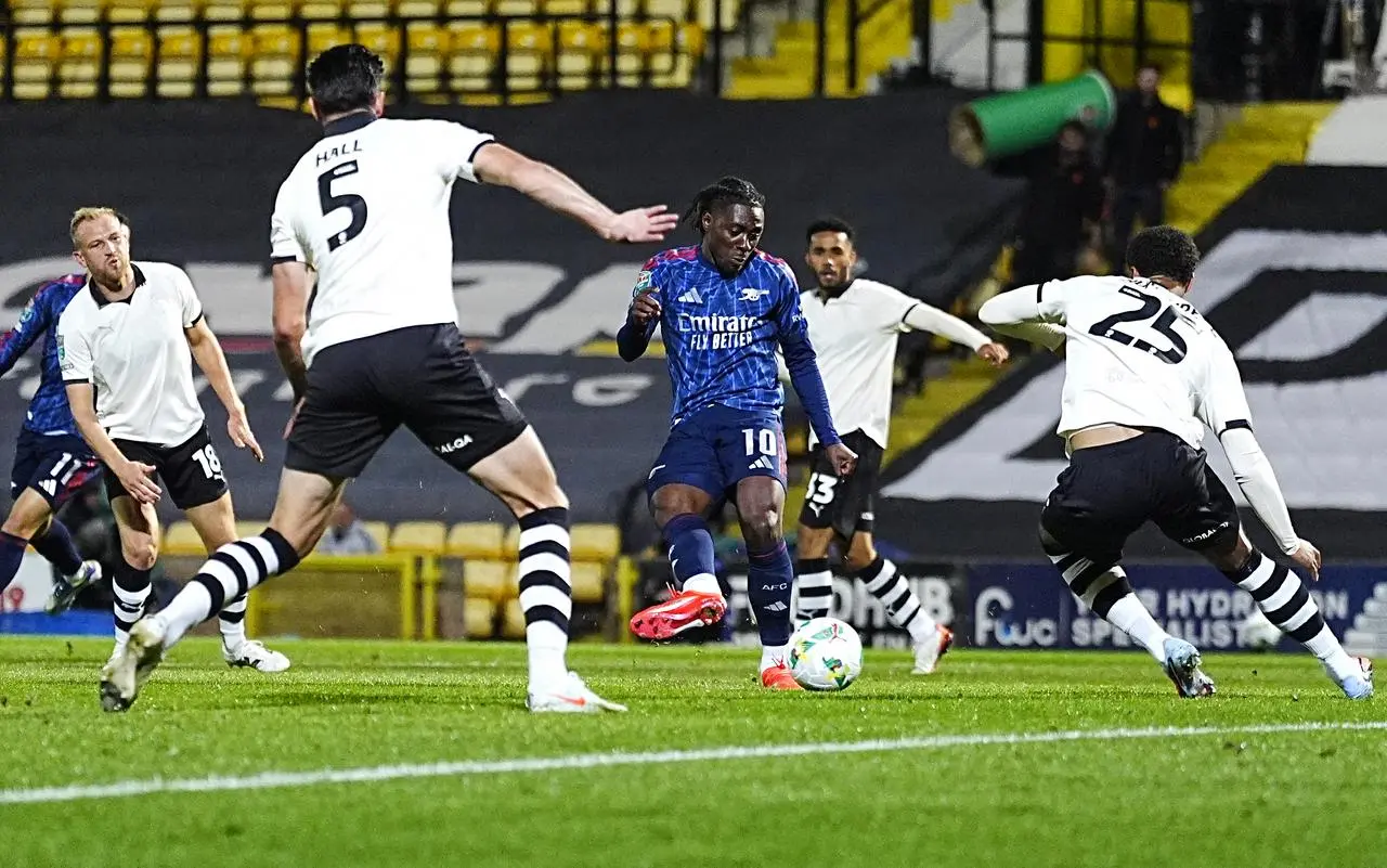 Arsenal’s Eberechi Eze, surrounded by Port Vale players, scored his first goal for the club since re-signing 