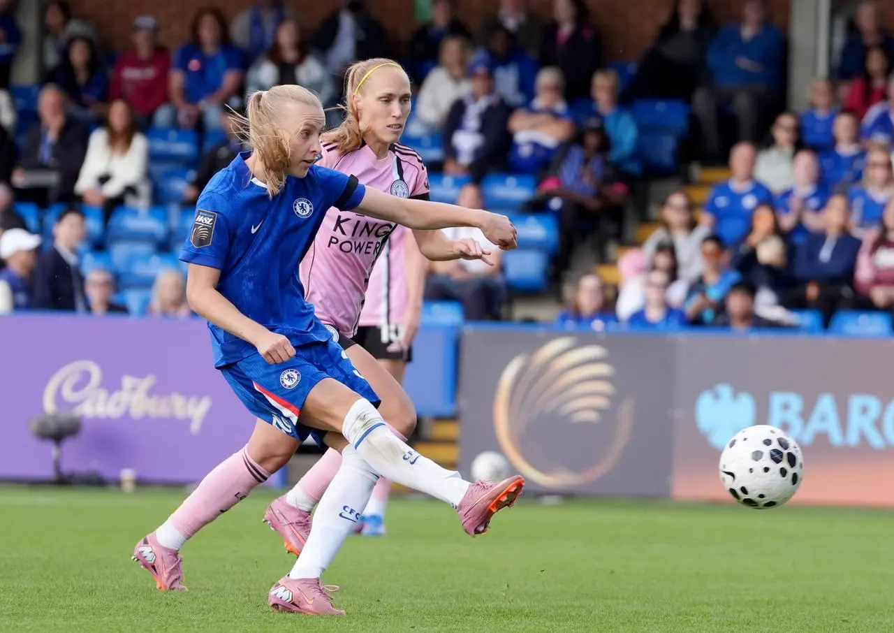 Chelsea’s Aggie Beever-Jones scores in the Women’s Super League against Leicester at Kingsmeadow