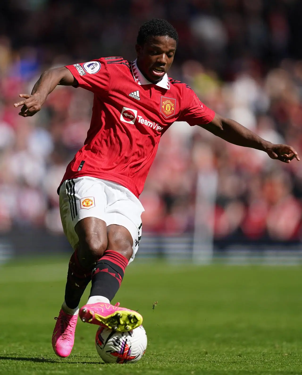 Tyrell Malacia in action for Manchester United against Everton in April 2023