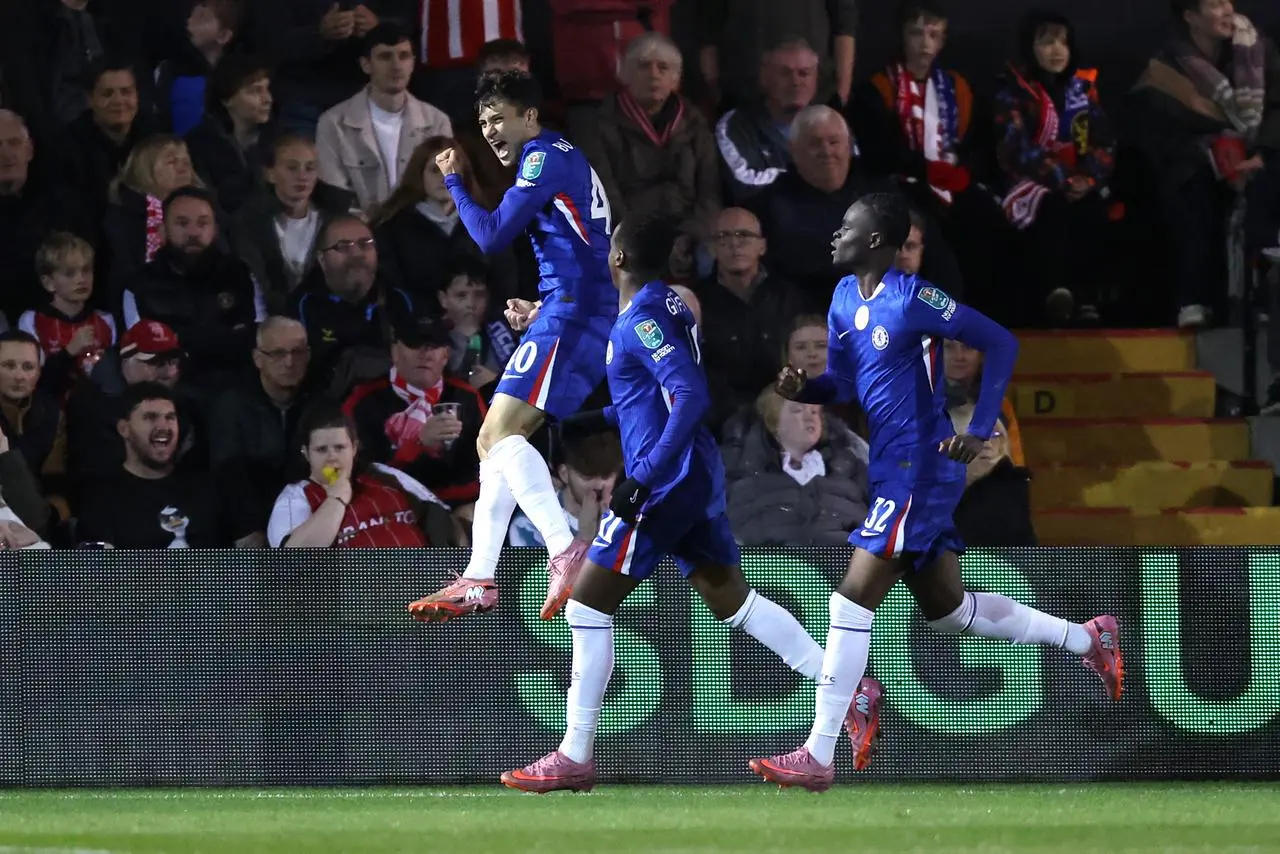 Facundo Buonanotte, left, celebrates Chelsea's winner