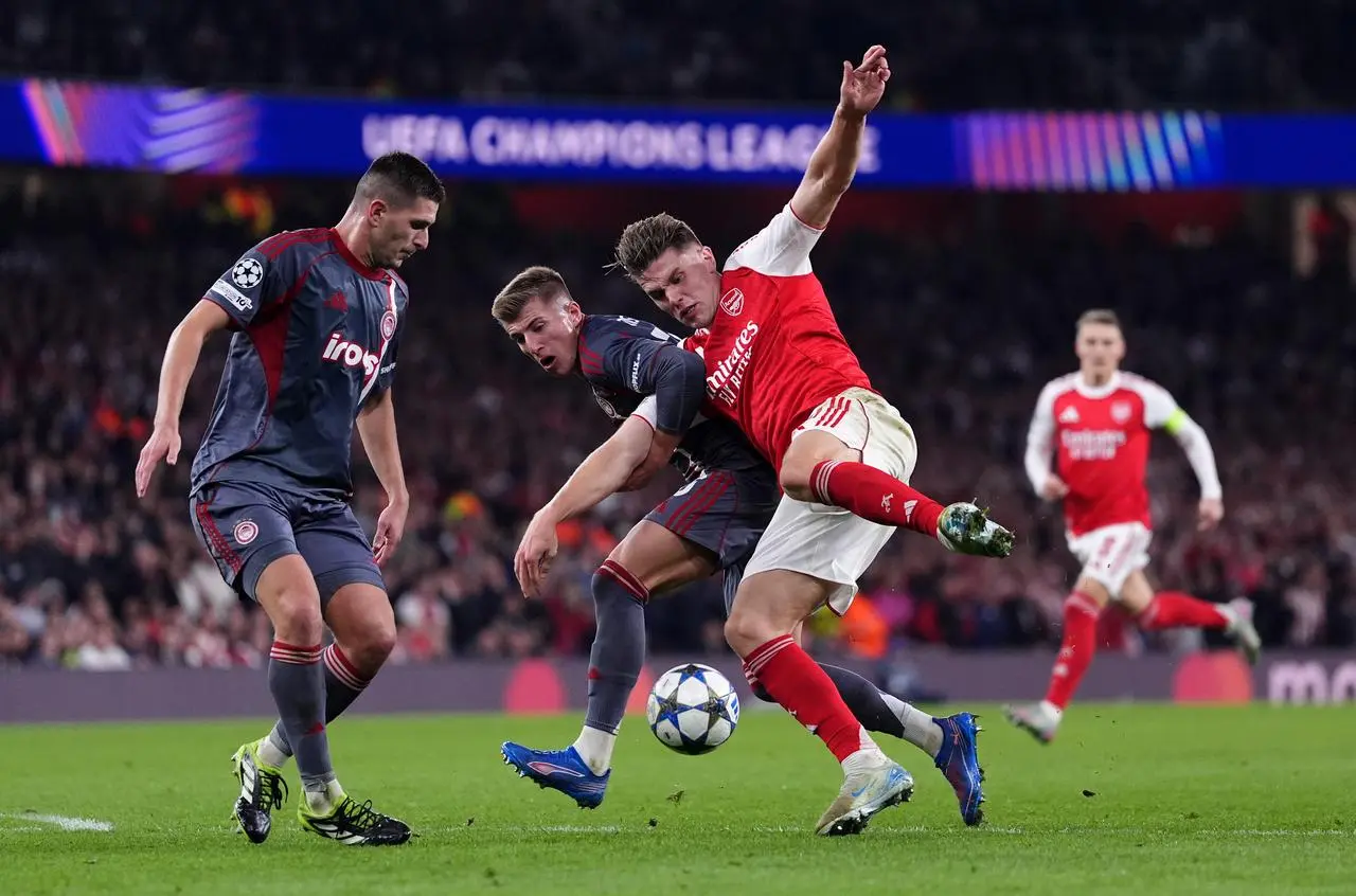 Arsenal’s Viktor Gyokeres (right) battles with Olympiacos’ Joao Pedro Costinha (centre) and Lorenzo Pirola 