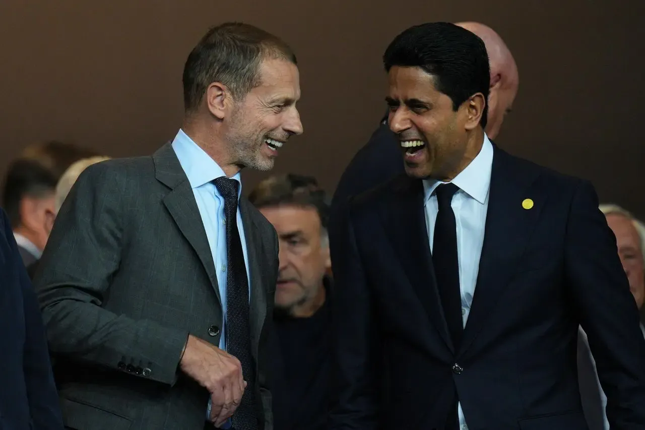 UEFA president Aleksander Ceferin, left, with EFC chairman Nasser Al Khelaifi