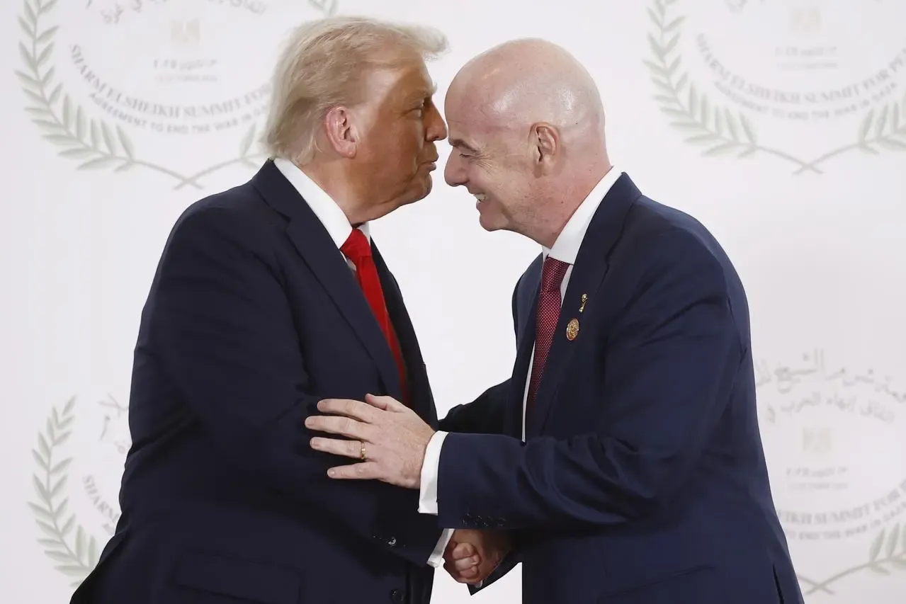 US president Donald Trump and FIFA president Gianni Infantino greet each other at a Middle East peace summit in Egypt in October 2025