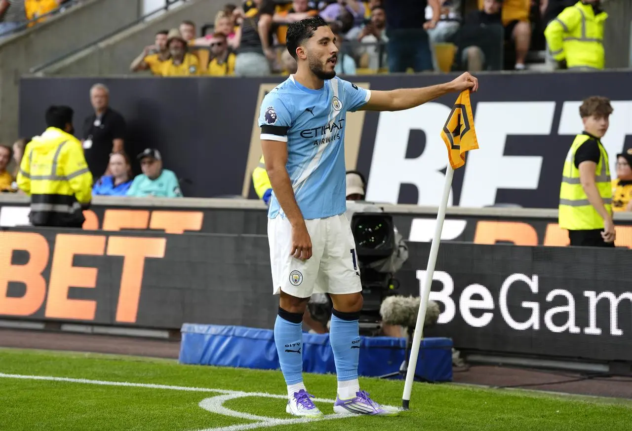 Manchester City’s Rayan Cherki celebrates after scoring against Wolves