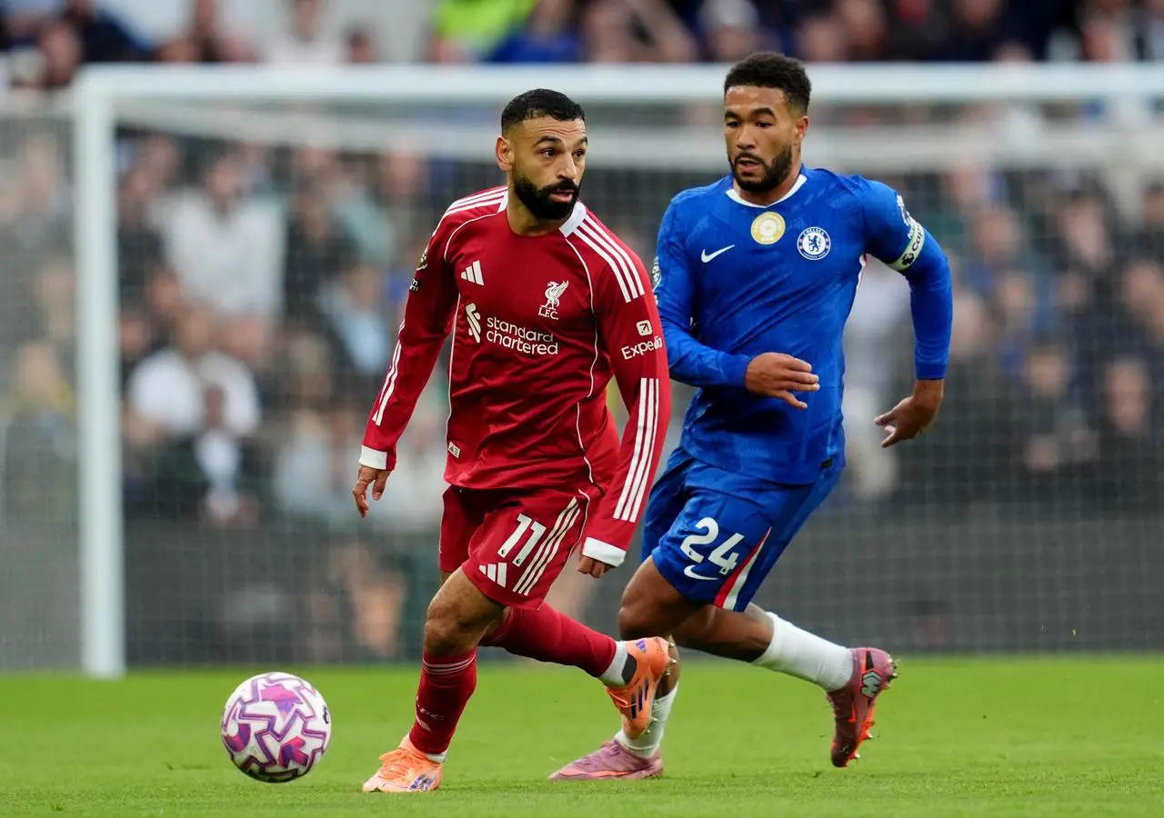 Chelsea aLiverpool’s Mohamed Salah (left) and Chelsea’s Reece James battle for the ball Liverpool – Premier League – Stamford Bridge