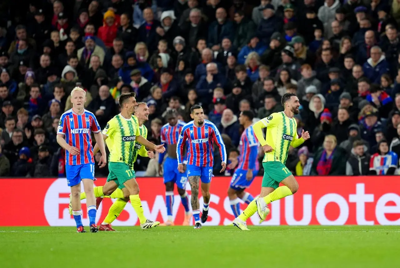AEK Larnaca’s Riad Bajic celebrates scoring against Crystal Palace