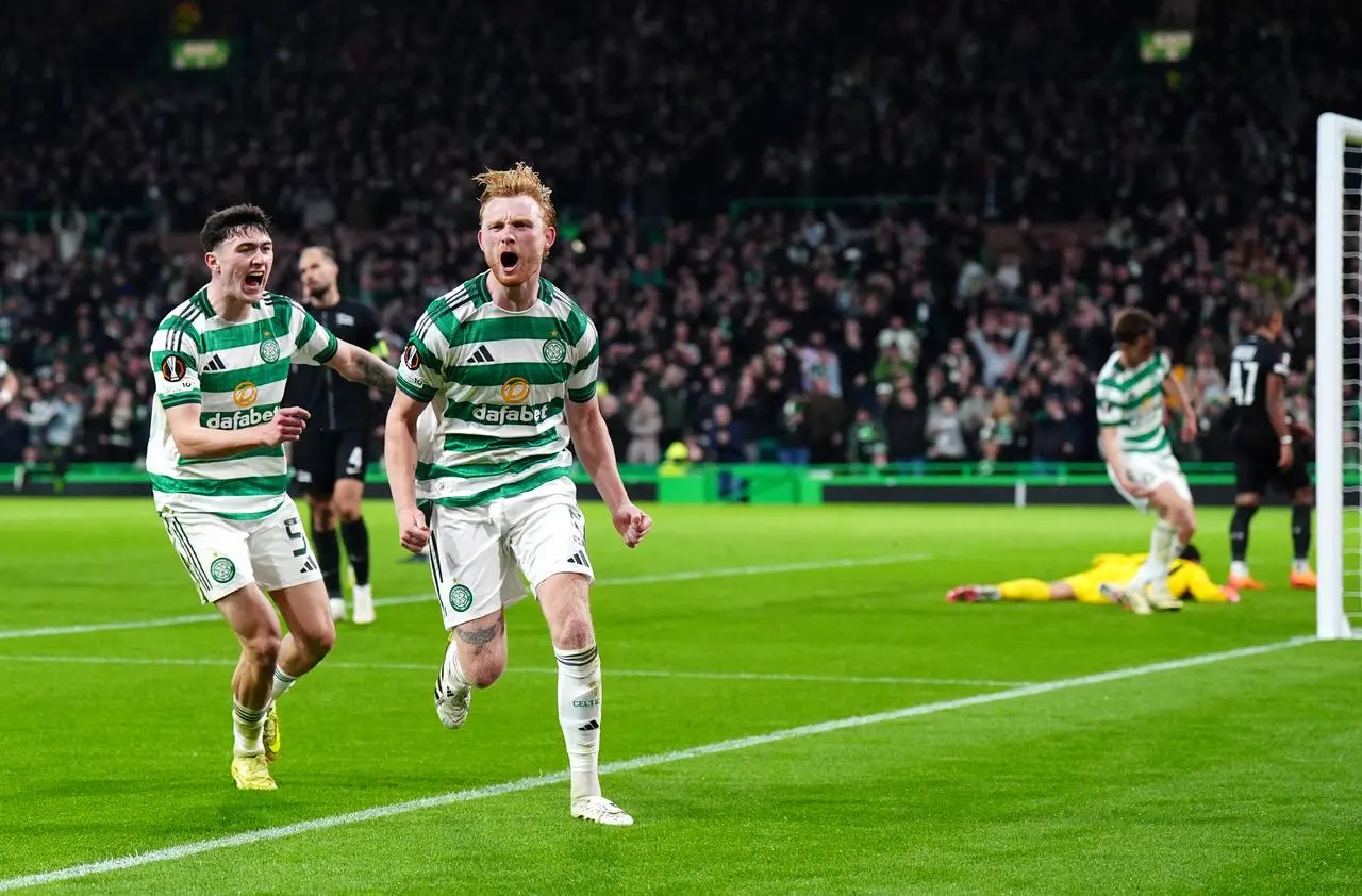 Celtic’s Liam Scales celebrates scoring in the Europa League
