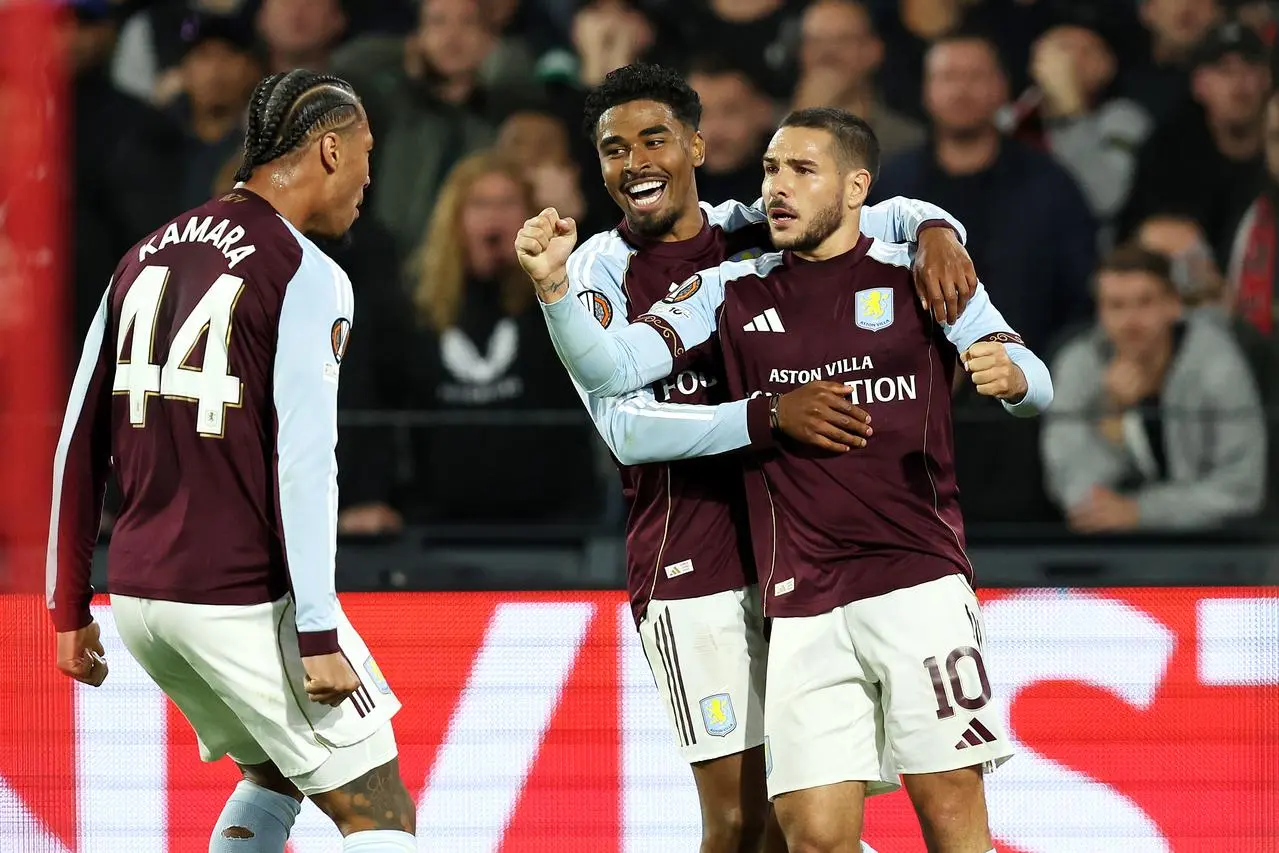 Emi Buendia is congratulated after scoring for Aston Villa
