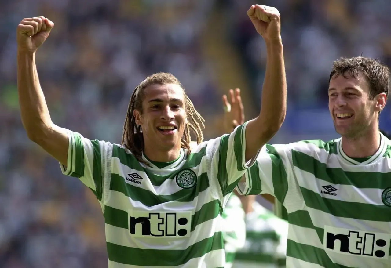 Henrik Larsson and Chris Sutton after scoring the fifth goal 