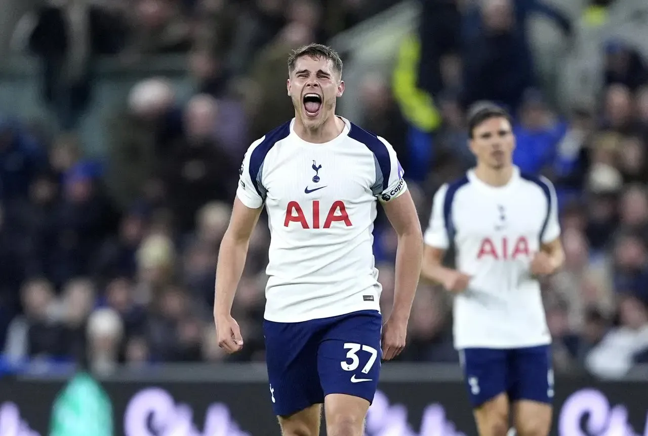 Tottenham’s Micky van de Ven celebrates his second goal against Tottenham