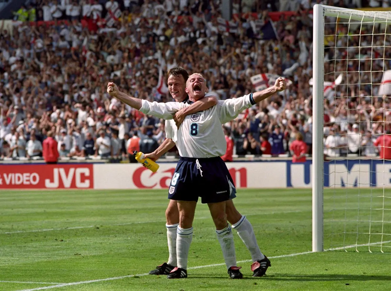 Paul Gascoigne celebrates his memorable goal against Scotland at Euro 96