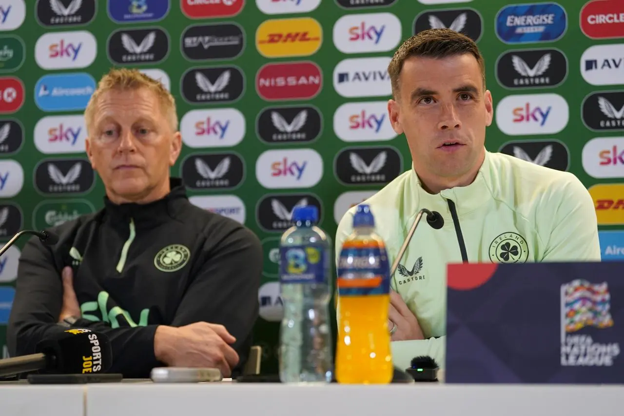 Republic of Ireland head coach Heimir Hallgrimsson (left) and Seamus Coleman during a press conference at the Aviva Stadium, Dublin