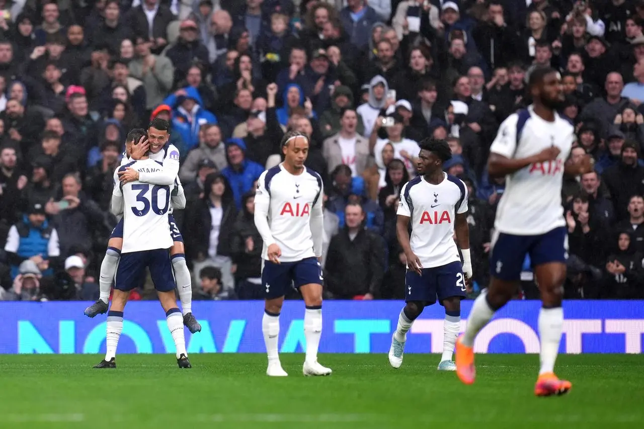 Tottenham’s Rodrigo Bentancur celebrates scoring