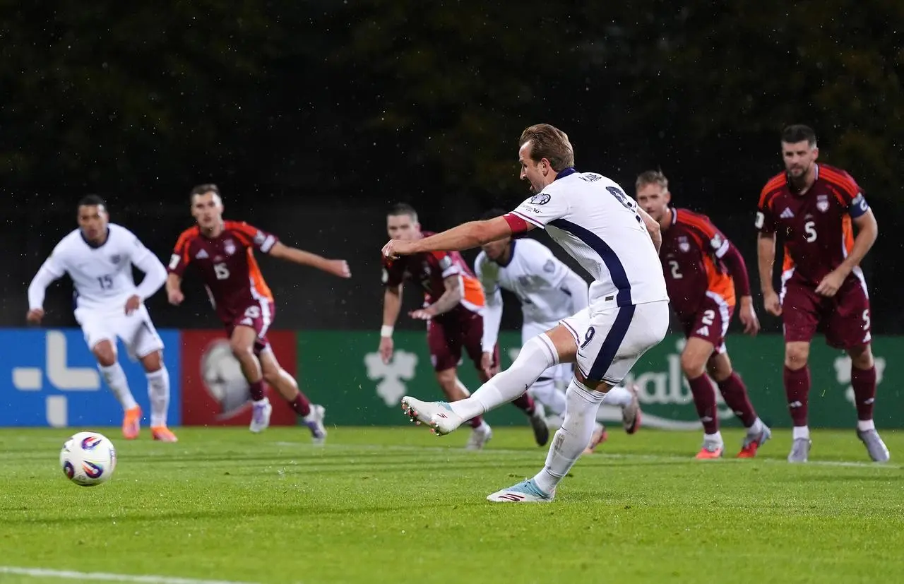 Harry Kane scores England’s third goal from a penalty
