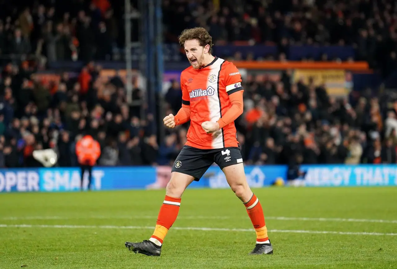 Luton’s Tom Lockyer celebrates