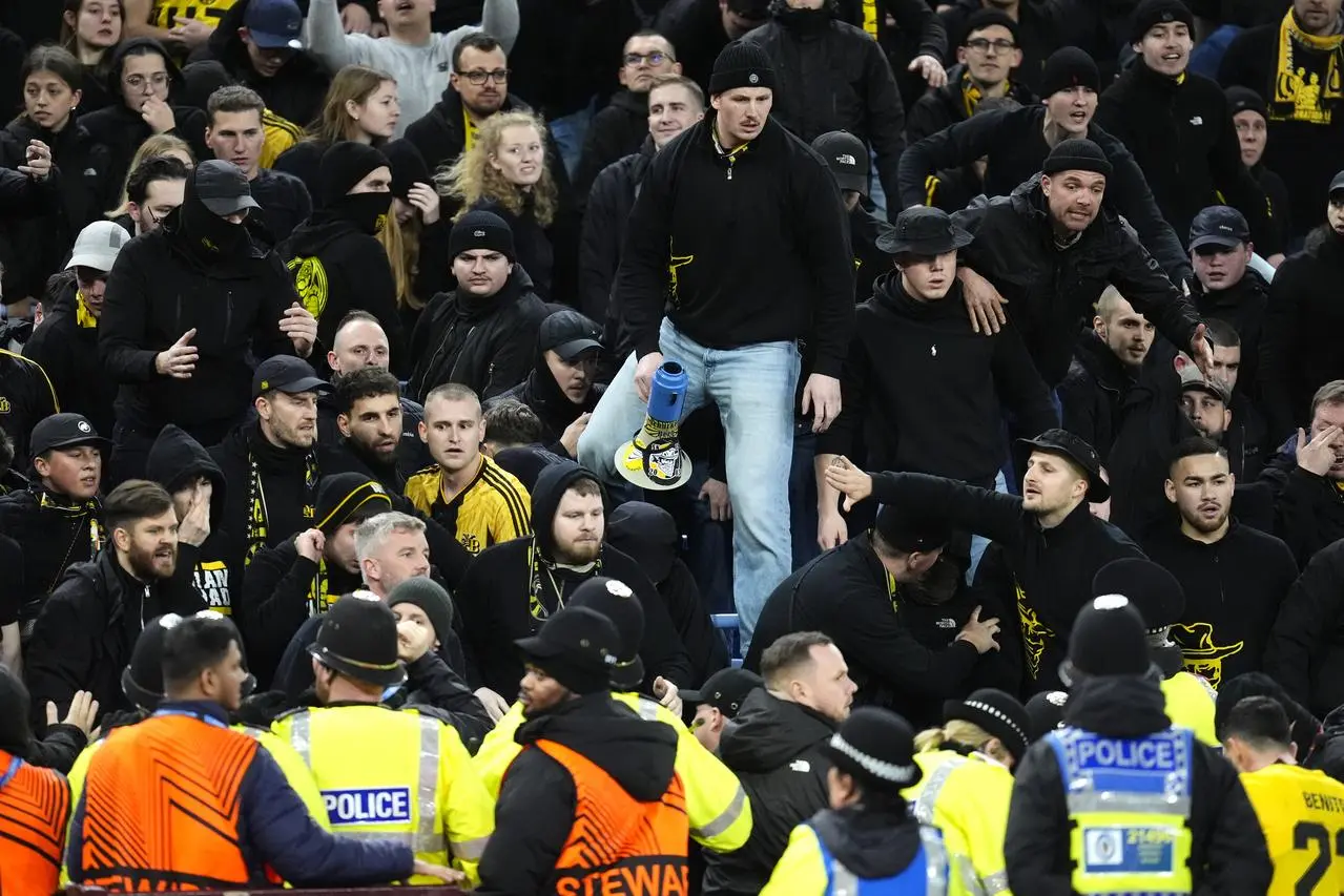 A general view of the Young Boys fans during crowd trouble at Villa Park
