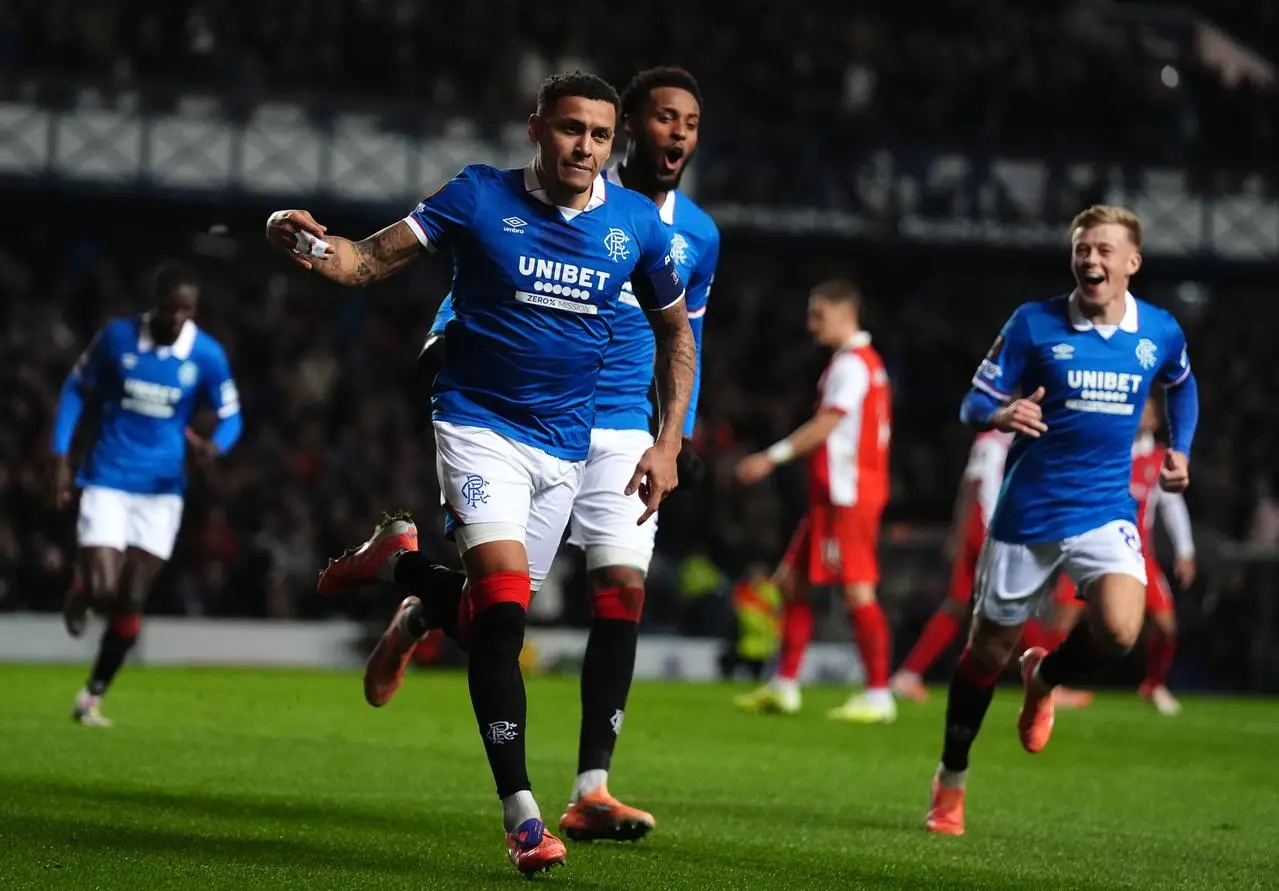 Rangers’ James Tavernier (second left) celebrates after scoring in the Europa League