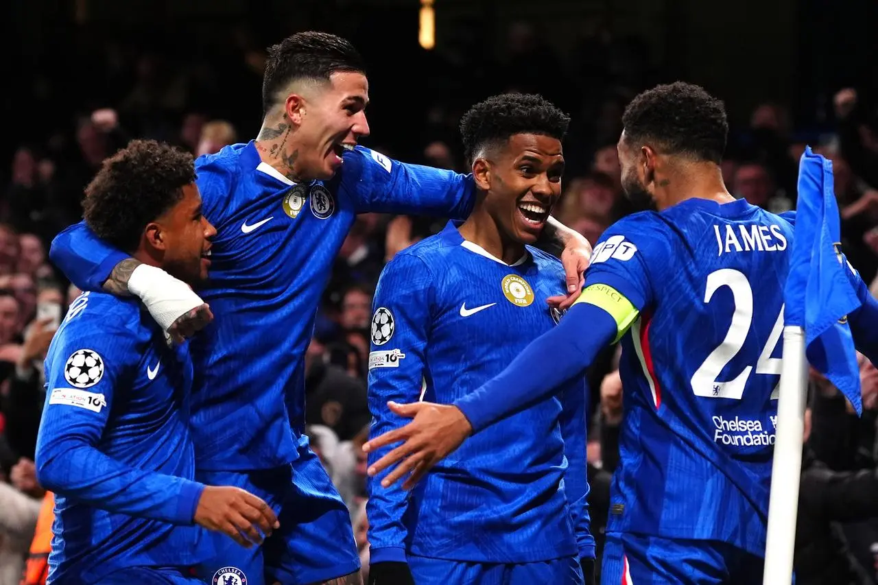 Estevao, second right, celebrates scoring for Chelsea