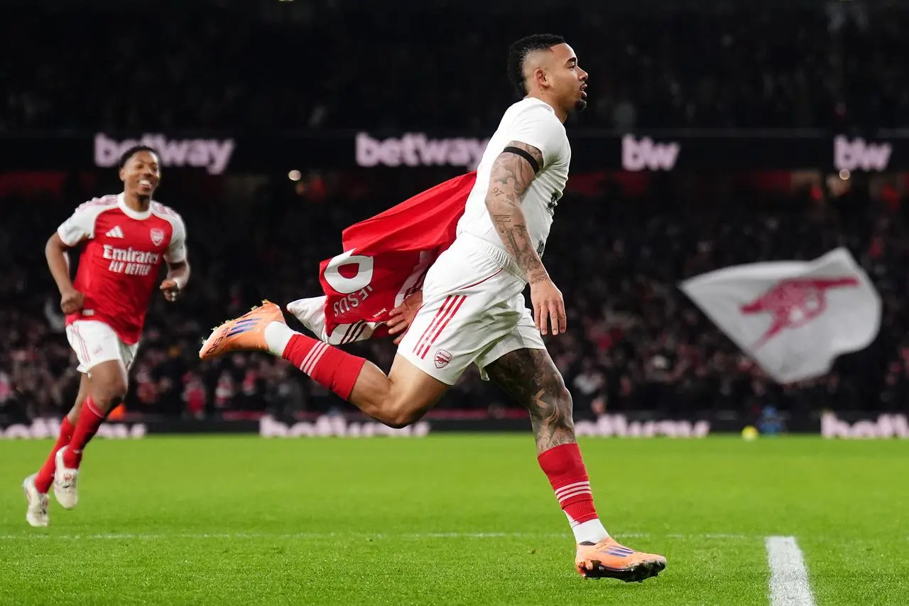 Gabriel Jesus celebrates scoring his first goal for Arsenal in almost a year 
