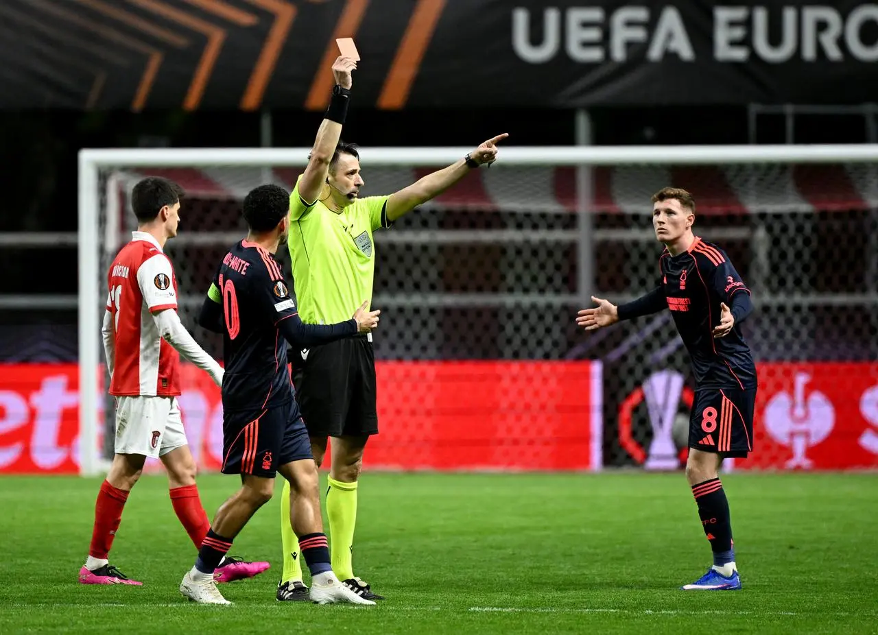 Nottingham Forest’s Elliot Anderson reacts after being sent off during a Europa League match away to Braga