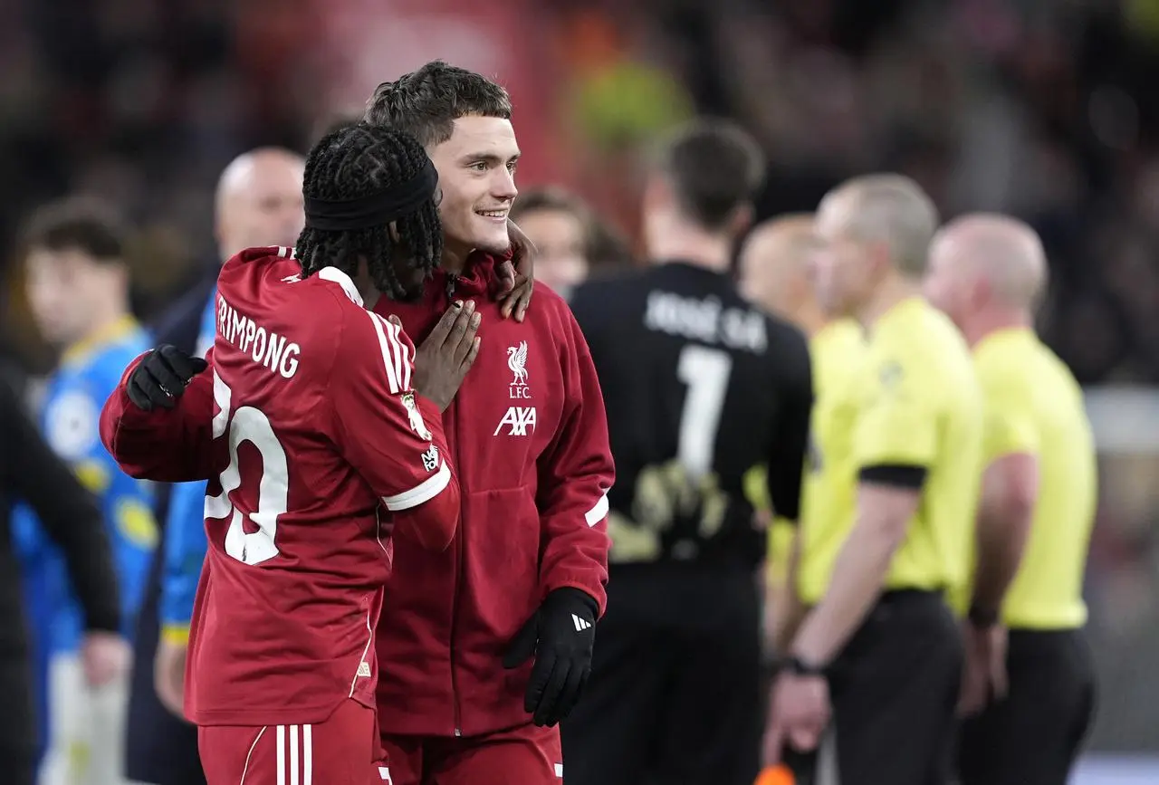 Liverpool’s Jeremie Frimpong and Florian Wirtz celebrate together