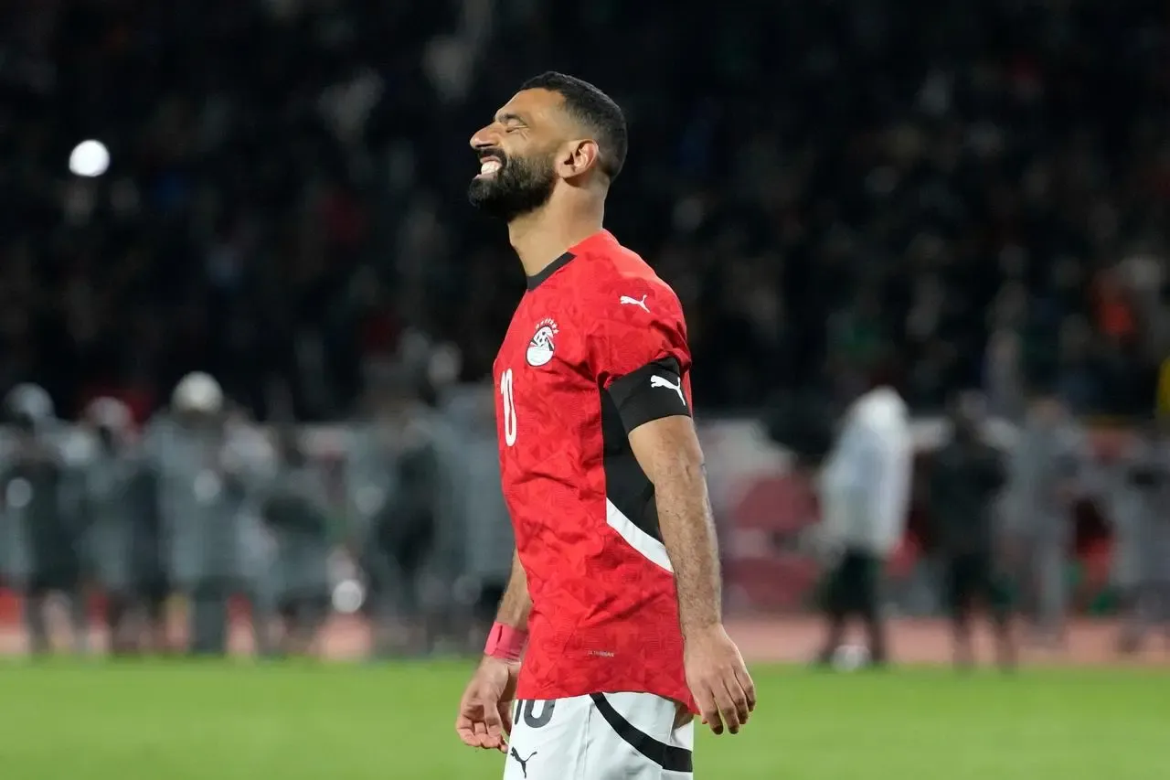 Salah reacts after his penalty was saved during the Africa Cup of Nations third-place game against Nigeria on Saturday 