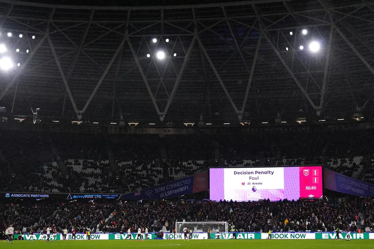 The big screen at the London Stadium displays the VAR award of a penalty to Nottingham Forest