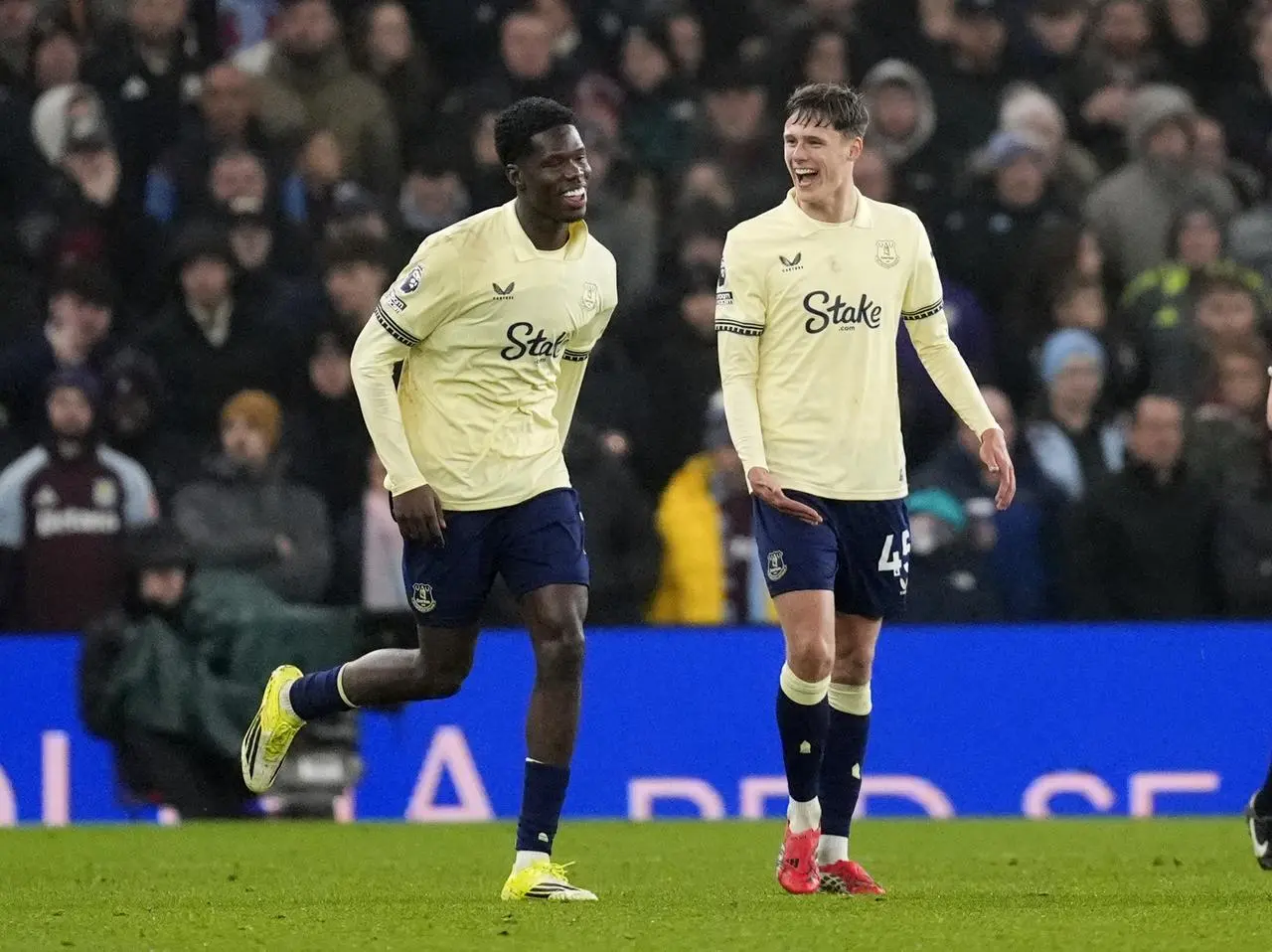 Everton’s Thierno Barry (left) celebrates with Harrison Armstrong