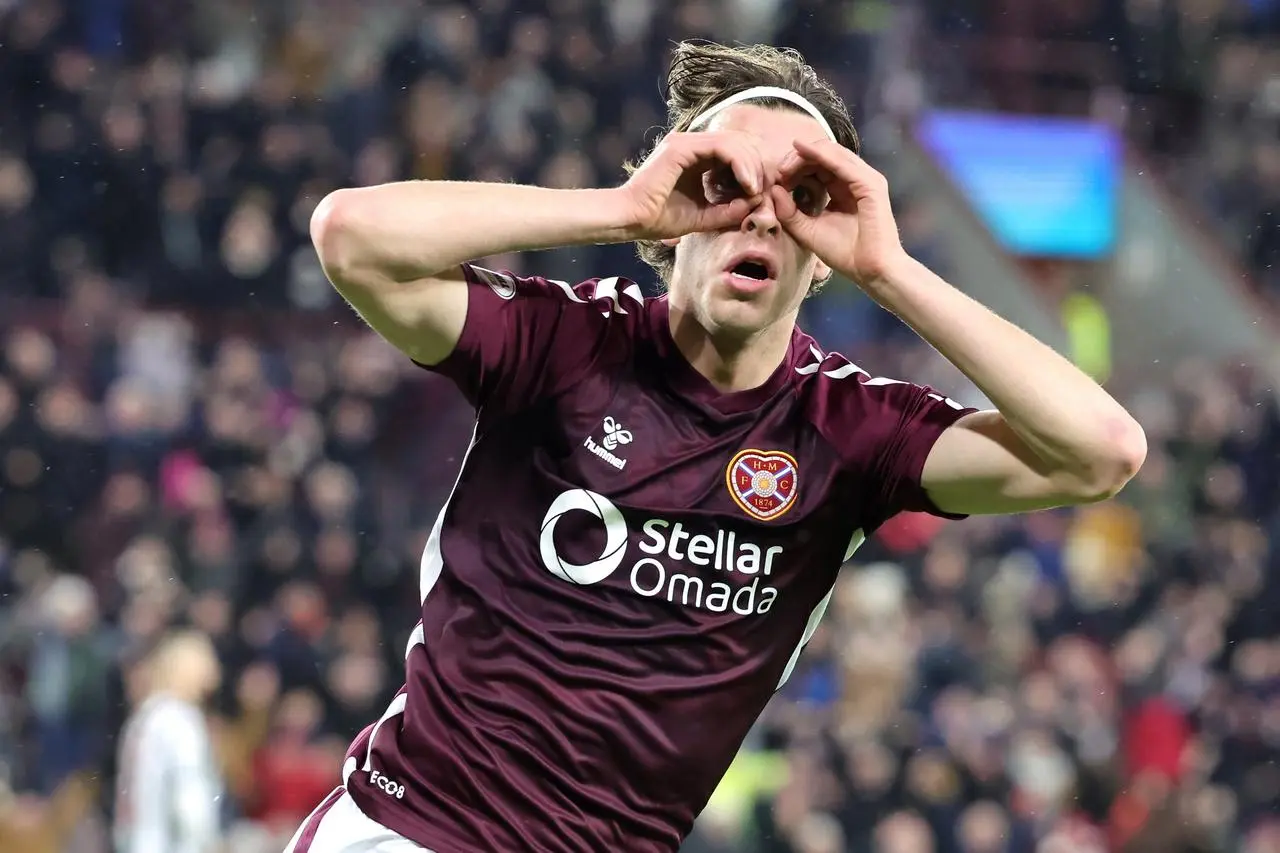 Hearts' Tomas Magnusson celebrates scoring against St Mirren