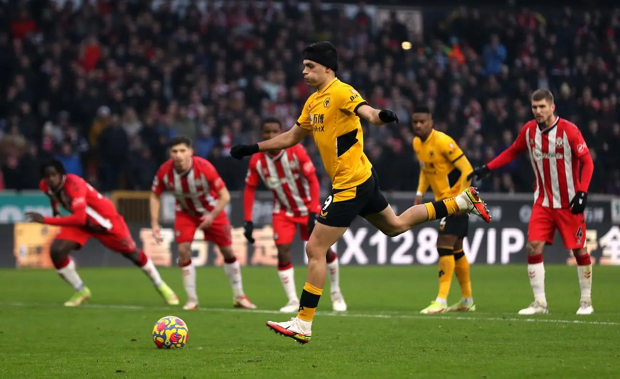 Wolves’ Raul Jimenez scores a penalty against Southampton in January 2022
