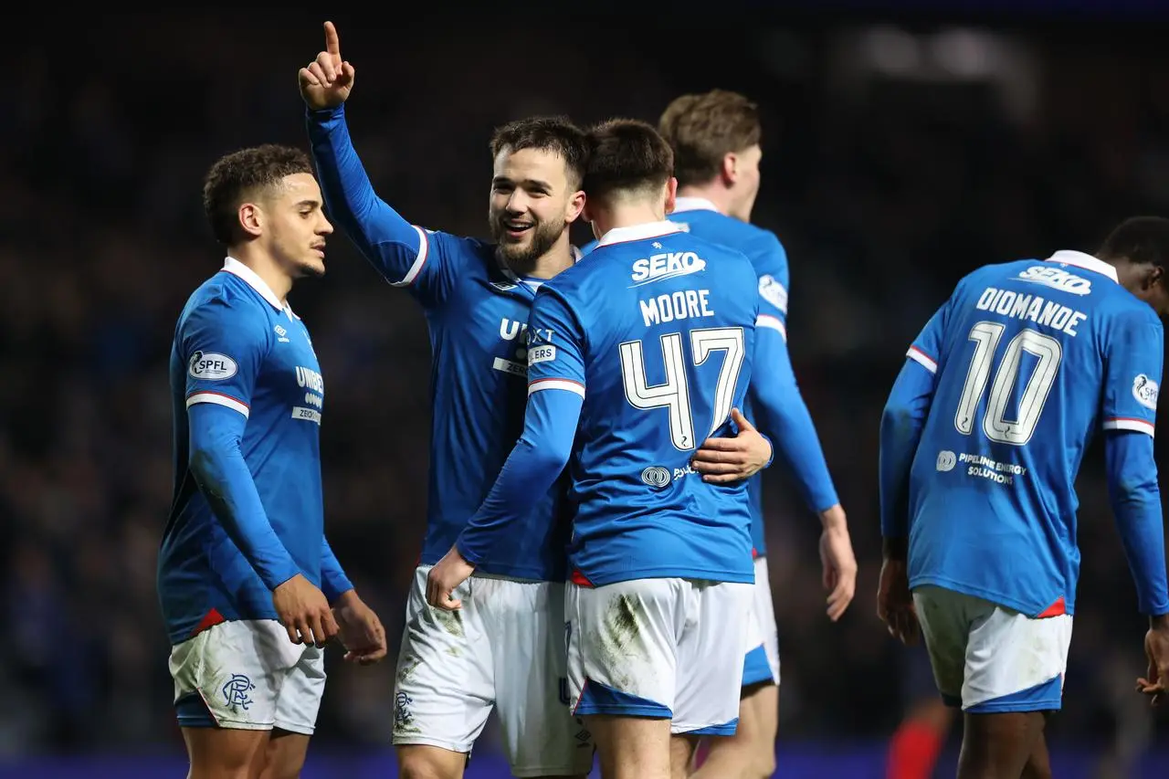 Rangers’ Mikey Moore celebrates scoring their fifth goal against Kilmarnock