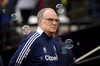 Leeds manager Marcelo Bielsa surround by bubbles at the London Stadium against West Ham