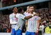 Bruno Fernandes celebrates his goal which put Manchester United 2-0 up at Villa Park